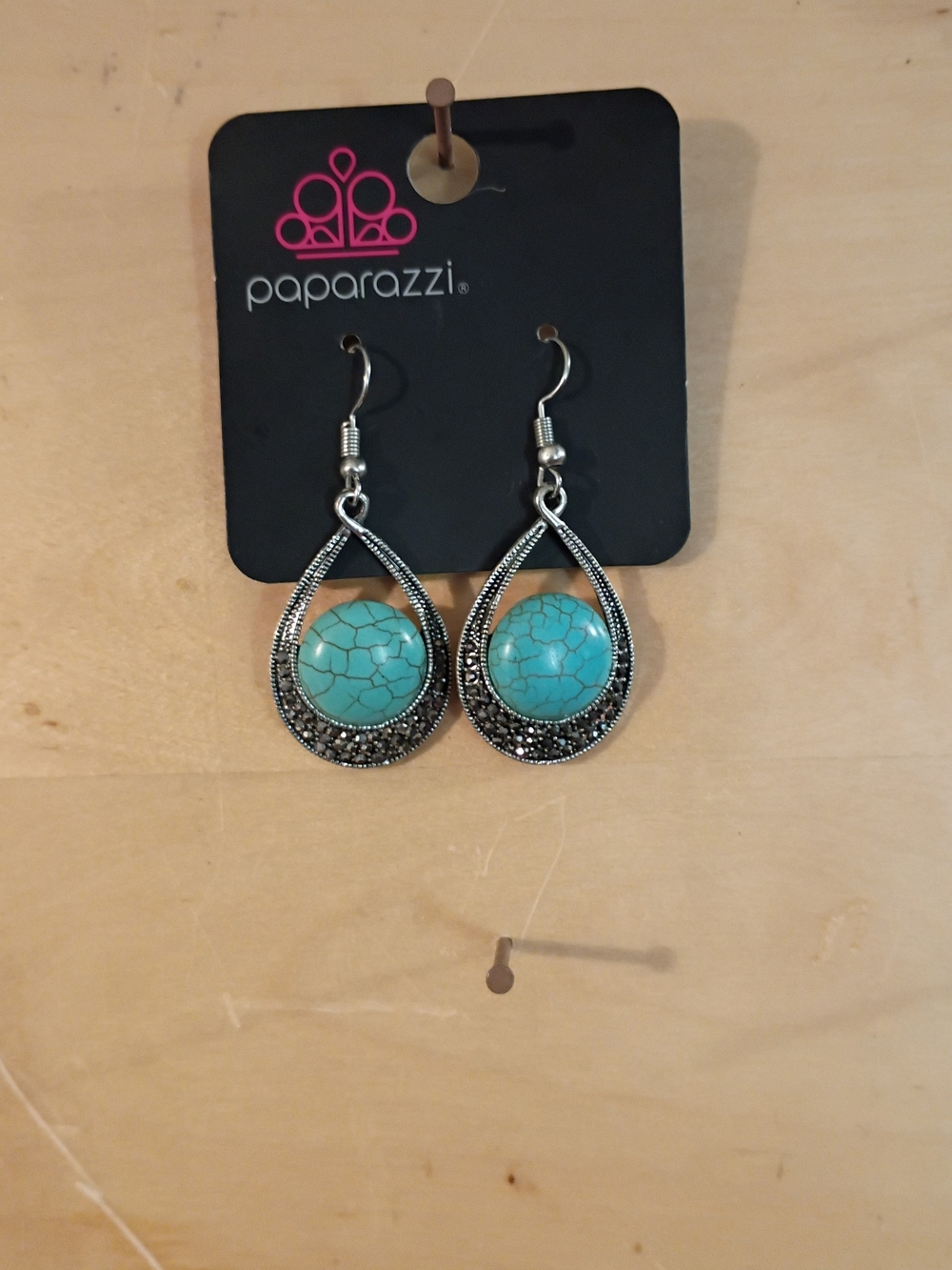 Paparazzi Silver Teardrop Earrings with Turquoise Stone